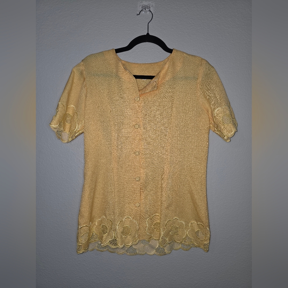 Elegant Yellow Lace Trim Blouse With Matching Skirt